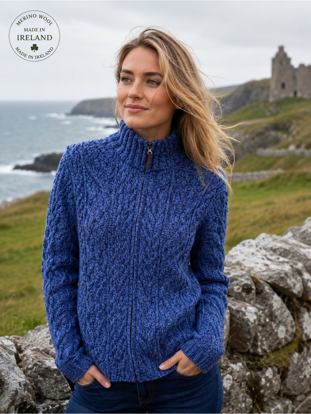 Inis Crafts Irish Merino Wool Zip-Front Cable Knit Sweater in Deep Blue SZ Med